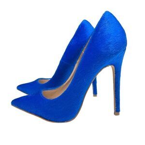 Furry Blue Pumps Bright Blue High Heels Pointed Toe Cobalt Blue Heels Fuzzy Cute